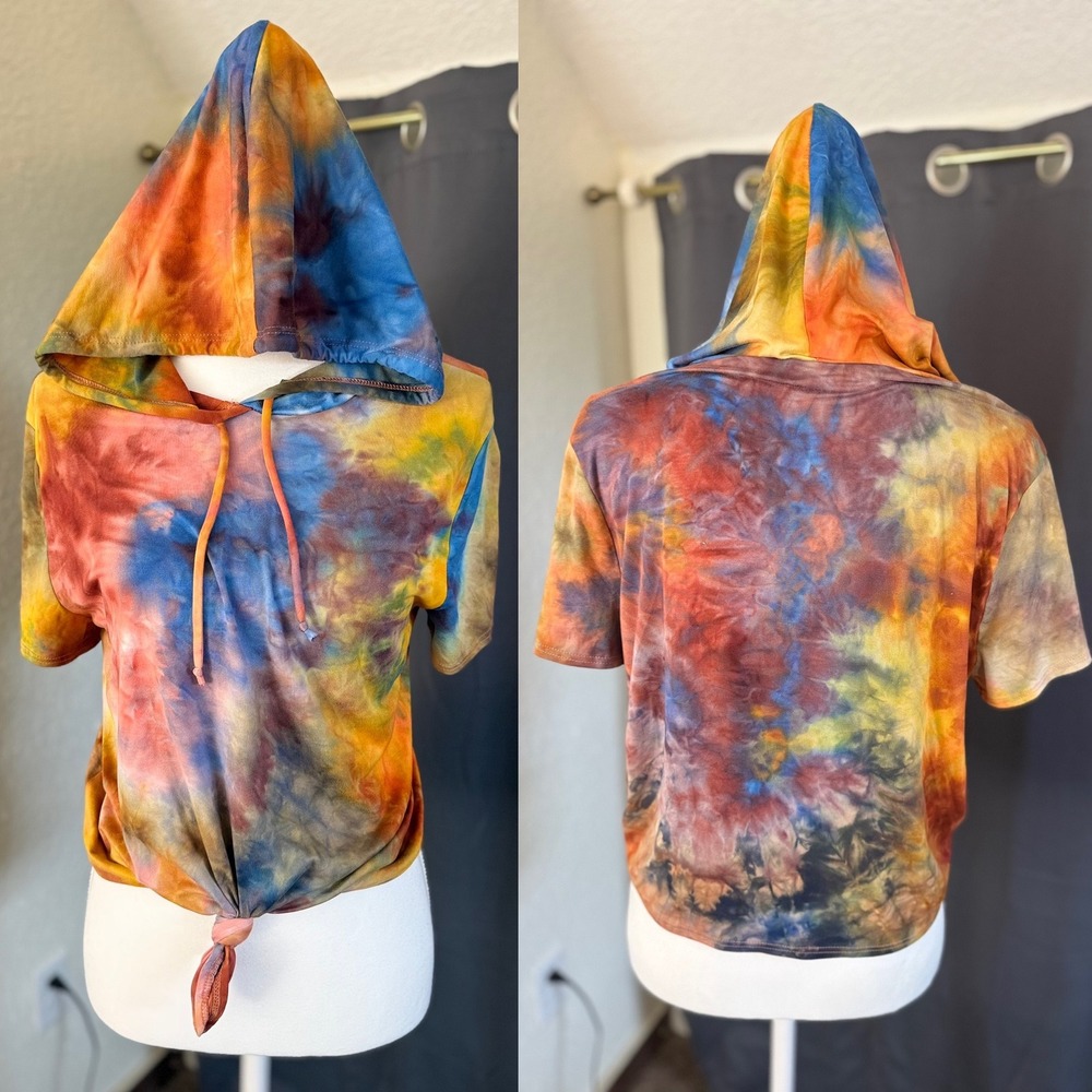 Madrag Tie Dye Short Sleeve Hoodie Multi Color Front Tie Crop Top Small - Picture 5 of 10